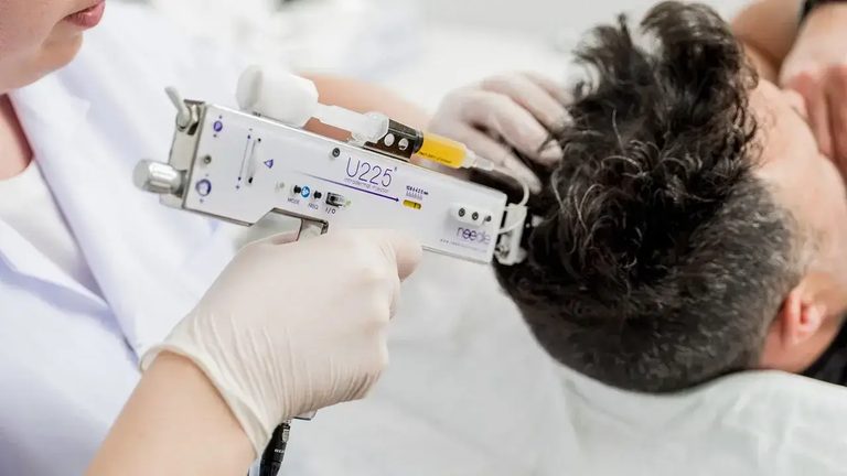 Haarspecialist van Hairtec brengt plasma met de meso-injector in de hoofdhuid van een mannelijke patiënt